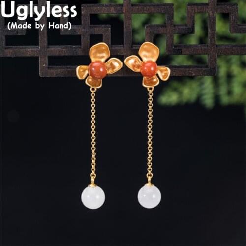 Uglyless Long Tassels Summer Fashion Dress Earrings for Women Natural Agate Jade Earrings 925 Silver Gemstones Floral Brincos