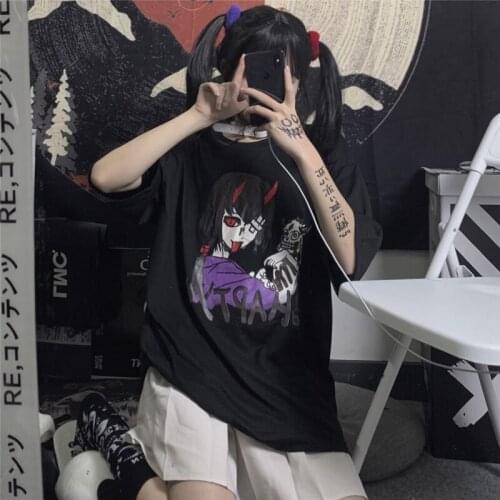 2021 Harajuku Style Cartoon Cute Hell Devil Letters Print Short Sleeve Y2K T-Shirt Women Clothing Summer O-Neck Girls Tops Tee