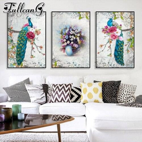 FULLCANG 5d diy diamond embroidery Peacock flower diamond painting triptych animals full square round drill home decor FC2070