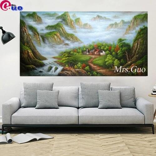 DIY Diamond Painting Landscape Mountain Waterfall House Cloud Cross Stitch Home Decor Diamond Embroidery Full Square/Round Drill