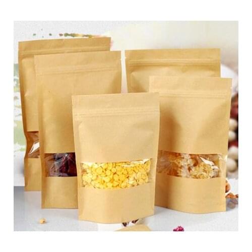 Brown Standing Kraft Paper Zipper Lock Bag Food Grade Front Transparent Window Moisture-proof Packaging Storage Bag