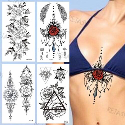 Red Rose Fake Jewelry Chain Temporary Tattoos For Women Underboob Girls Realistic Peony Fake Tattoo Sticker Chest Tatoos Mandala