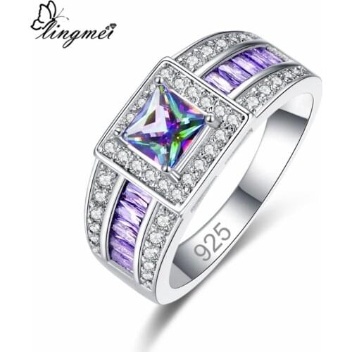 Lingmei Wholesale Wedding Band SterlingJewelry Gifts Multi & Blue & White & Purple Zircon Silver ColorRing Size 6 7 8 9