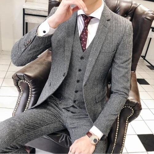 Mens Formal 3 Pieces Mens Suits Herringbone Pattern Slim Fit Mens Tuxedos for Wedding Grooms (Jacket+Vest+Pants