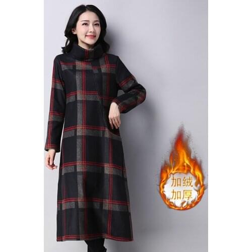 Autumn Winter Woolen Dress New Womens Plus Size Plus Velvet Retro Plaid Base A-Line Skirt Loose All-Match High Collar Dress