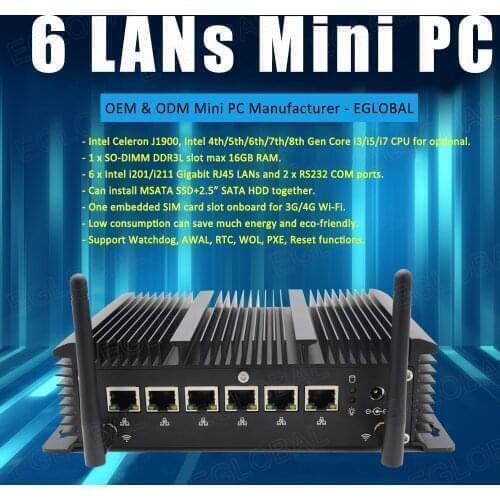 Eglobal Fanless Industrial Pc Intel Core i3 7167u i5 7267u 6*Intel i211AT Gigabit RJ45 LAN Firewall Router pfSense Computer