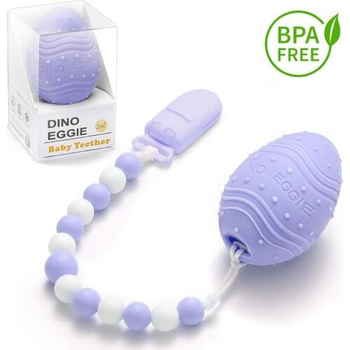 Dino Eggie Baby Teether, Egg-Shaped Teething Egg with Clip, BPA-Free, CPSC Lab Tested and Approved, for Baby Girls 3M-12M