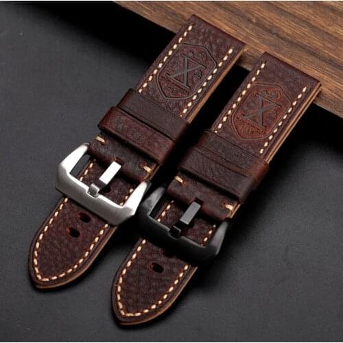 Handmade Brown-Red Leather Watchband 24 26MM Suitable For PAM111 Bronze Watch Retro Mens Bracelet, Italian Top Layer Cowhide