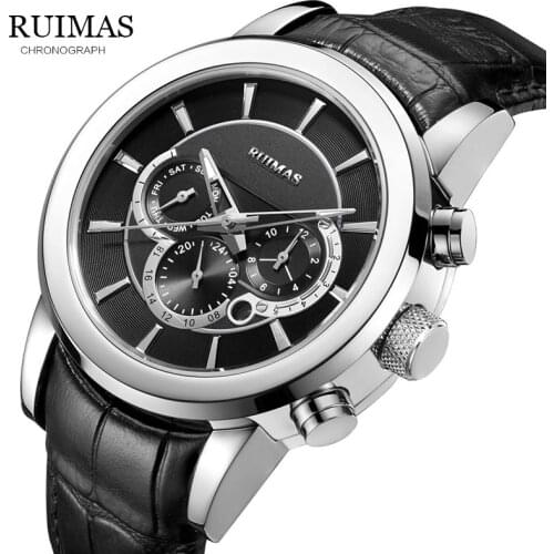 RUIMAS Mechanical Business Watch Men Top Brand Luxury Waterproof Date Calendar 24 Hour Leather Wristwatch Relogio Masculino 6767