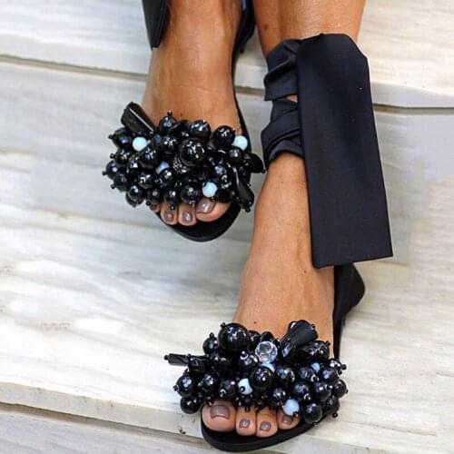 Sandals Women Flat Sandals Ankle Strap Beaded Special Womens Shoes Beach Sandals Plus Size 35-43