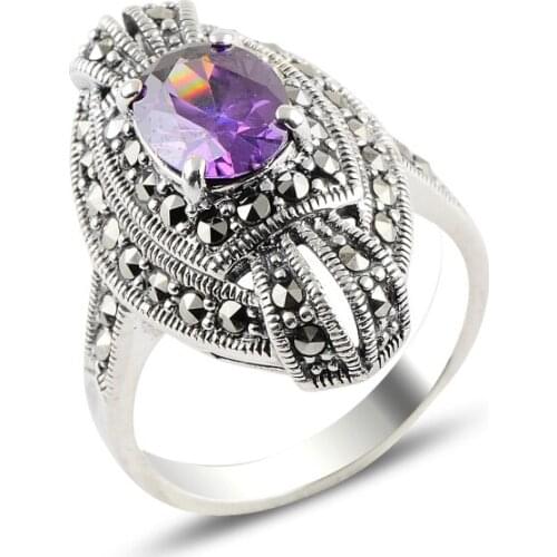 Silver 925 Sterling Amethyst Zircon & Marcasite Ring