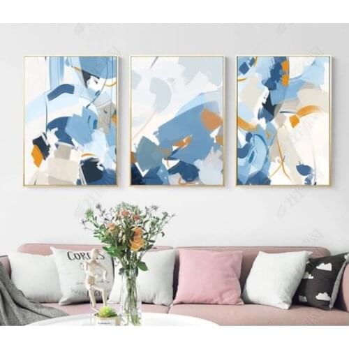 Nordic Blue Abstract Watercolor Colored Stitching Blocks Poster Canvas Print Wall Paintings For Living Room Wall Art Home Decor