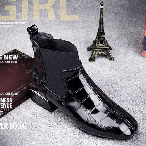 2019 Chic Women Boots Shiny PU Leather Spring Autumn Shoes Woman Spuare Toe Block Heels Elastic Ankle Boot YYJ81