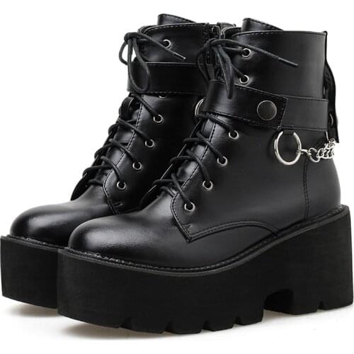 New Sexy Chain Women Leather Autumn Boots Block Heel Gothic Black Punk Style Platform Shoes Female Footwear High Quality Ladies