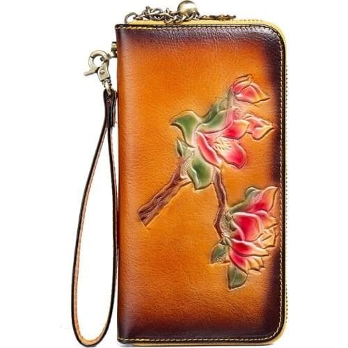 Floral Printing Wallets Women Flowers Long Wallet Genuine Leather Card Holder Wallet Female Clutch Zipper Coin Purses Retro