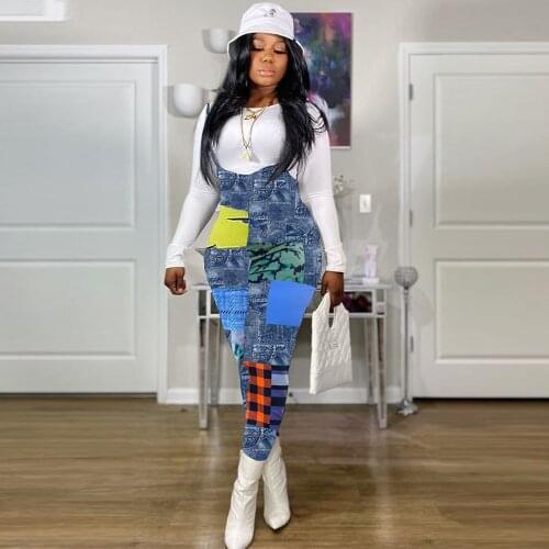 Color Block Patchwork Fashion Full Length Jumpsuit Women Spaghetti Strap Suspender Romper Streetwear Party Clubwear Bodysuits
