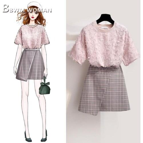 2019 French Style Women Sets Pink T Shirt and Grid Skirt Female Sets