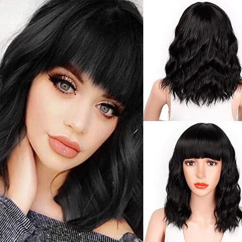 FGY Ladies Natural Bob Short Wig With Bangs Black Natural Brazilian Curly Hair Synthetic Wig Daily Wear Cosplay Short Curly Hair