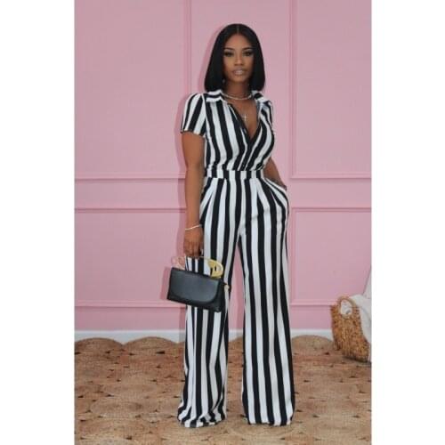 Jumpsuit Women Sexy Stripe Solid Floor Length Casual Elegant Holidays Jumpsuit Ankara Tops+Pants African Suit Loose Summer 2021