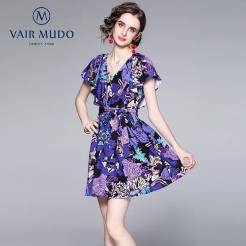 Summer Light Luxury Dress New Temperament Womens V-neck Flying Sleeve Waist A-line Printed Dress Women Violet Elegant Y-76