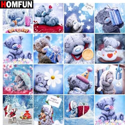 HOMFUN Diamond Painting Cross Stitch "Bear winter flower" 5D DIY Diamond Embroidery Full Square/round Rhinestone Of Picture