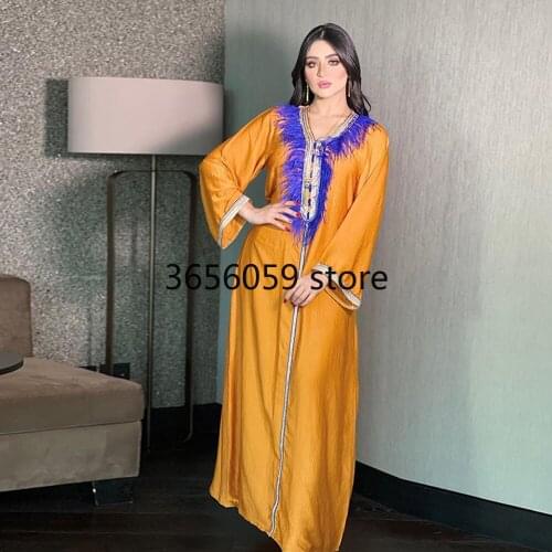 Feather Arabic Dress Loose Thick Satin Muslim Fashion Gulf Dubai Saudi Oman Women Robe Gown Evening Party Eid Morocco Djelleba