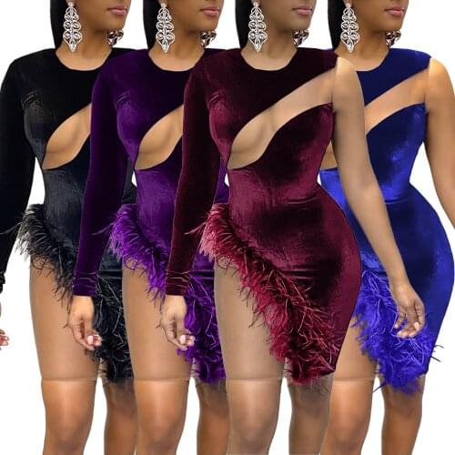 Echoine Sheer Mesh Patchwork Velvet Bodycon Dress Women One Long Shoulder Hollow Out Feather Night Club Short Vestidos S-XXL