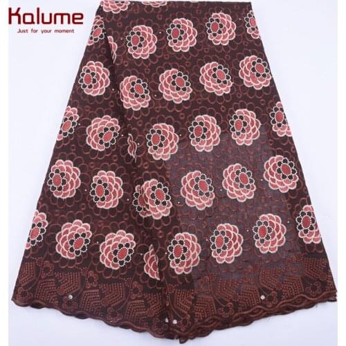 Kalume New Arrival African Swiss Cotton Lace Fabric Brown Swiss Voile Lace Fabric With Stone For Nigerian Daily Dress Party 1991