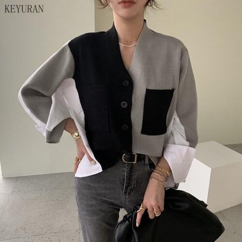 Thin Cardigan Sweater 2021 Korean Style Patchwork Chic Autumn New Knitted Women V-Neck Cardigans Color-Hit Sweaters Female Tops