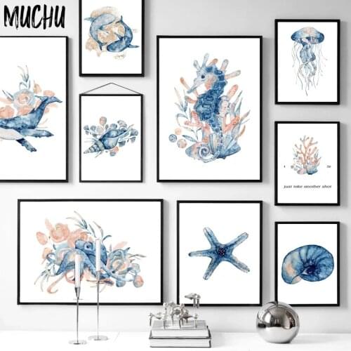 Sea Life Painting Canvas, Whale, Shark, Starfish, Jellyfish, Nordic Posters And Prints, Wall Art Pictures For Kids Room Decor