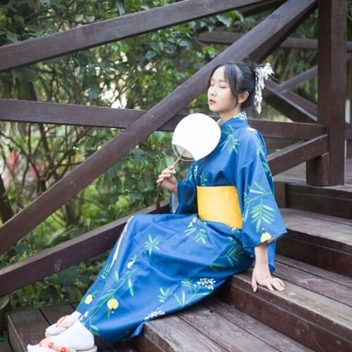 Japanese Yukata Kimono Dress Female Costume Geisha Cosplay Yellow Obi Yukata Women Traditional Japanese Kimonos Cosplay FF2120