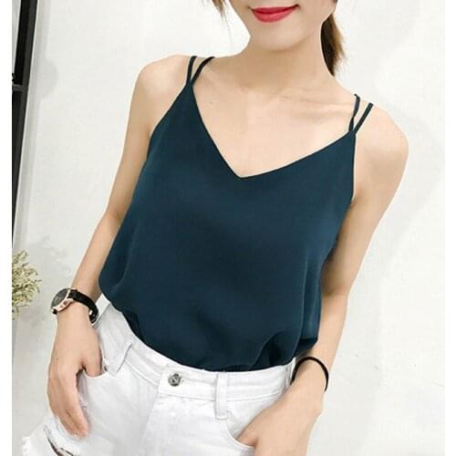 Summer Women Tank Tops Casual Loose Chiffon Camis Sleeveless Vest Sexy Deep V-Neck Party Solid Backless Camisole Femme