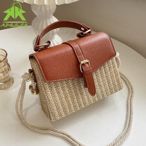 Fashion Pu+straw Ladies Handbag 2021 Summer New Vintage Rattan Shoulder Bags Bohemia Handmade Kintted Beach Travel Messenger Bag