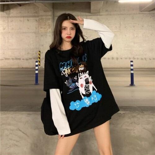 2021 new thin T-shirt autumn loose stitching fake two-piece tops womens T-shirt long-sleeved round neck