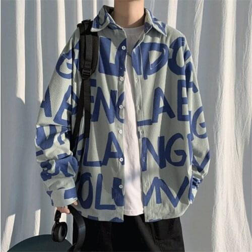Autumn Winter Corduroy Long-Sleeved Shirt Letter Printing Loose Korean Casual Trendy Youth Student Lapel Cardigan Tops For Men