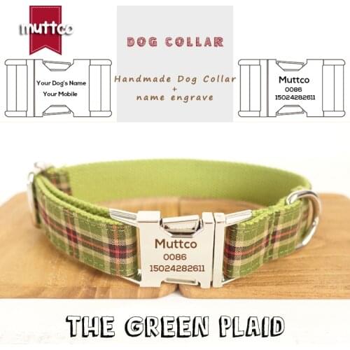 MUTTCO engraved retailing self-design personalized nameplate dog id collars handmade THE GREEN PLAID 5 sizes dog collar UDC041