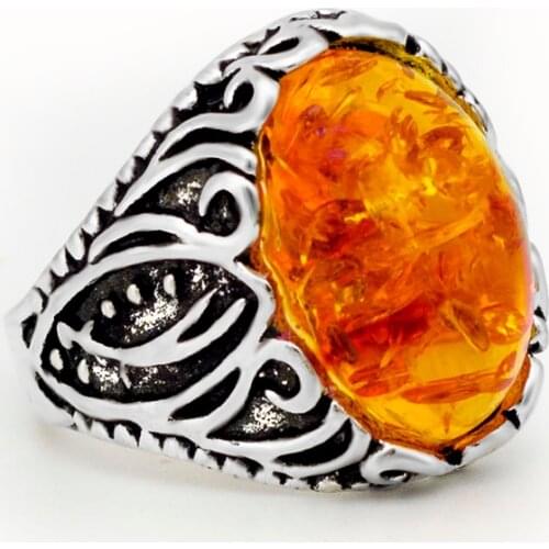 Oval Resin Simulated Ambers Rings For Women Flower Plant Antique Silver Plated Rings Fashion Jewelry