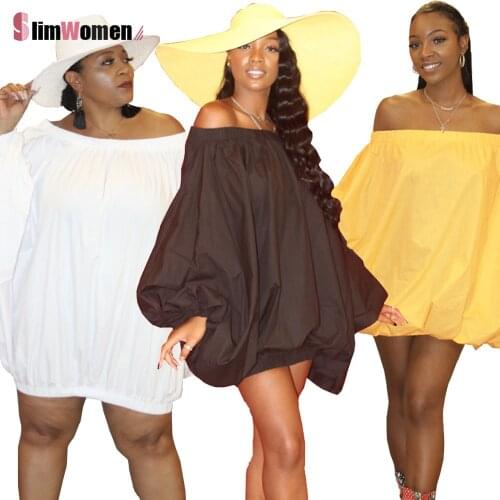 Off Shoulder Hoodies Dress Plus Size Women Oversized Tshirt Mini Dress Autumn Lantern Sleeve Loose Large Size Sweatshirt Dresses
