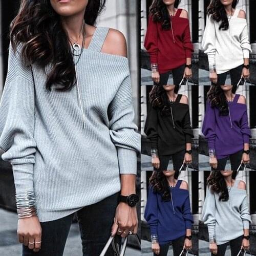 Straps Off Shoulder Sweater Women Pullovers Solid Elegant Knitted Plus Size Long Sleeve Slash Pit Stripe Strapless Streetwear