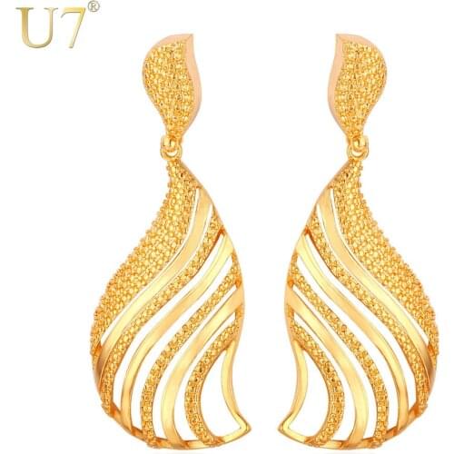 U7 Fan-Shaped Earrings For Women Gift Gold Color Hollow Vintage Drop Earings Fashion Jewelry Wholesale E671