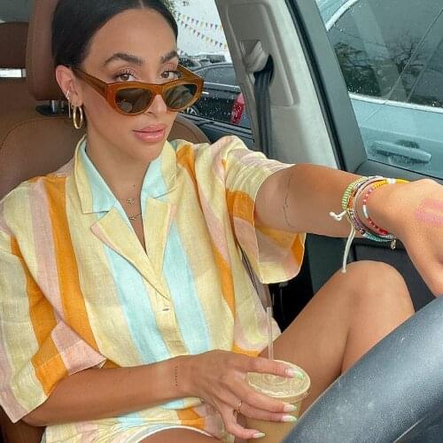 XIKOM 2021 Summer Women Vintage striped Shirt Female V Neck Streetwears Blouses Beach Style Casual Loose Shirt Chic Blusas Top