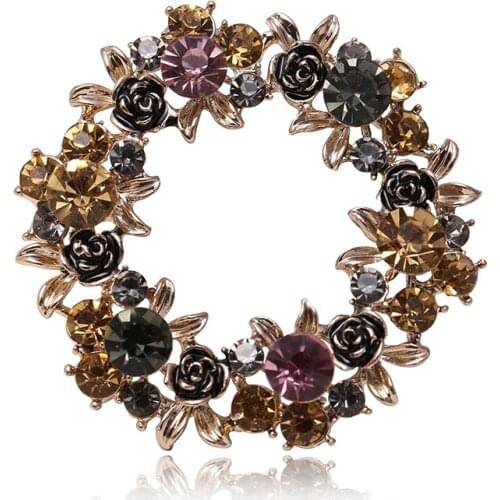 Retro Antique Gold Color Plated Crystal Garland Rhinestones Flower Pins and Brooches for Women Party Bouquet Brooch Pins