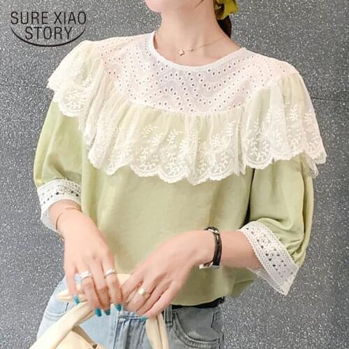 2020 Summer New Korean Ruffle Lace Elegant Chiffon Blouse Women Mesh stitching loose comfortable summer top chemisier femme 9555