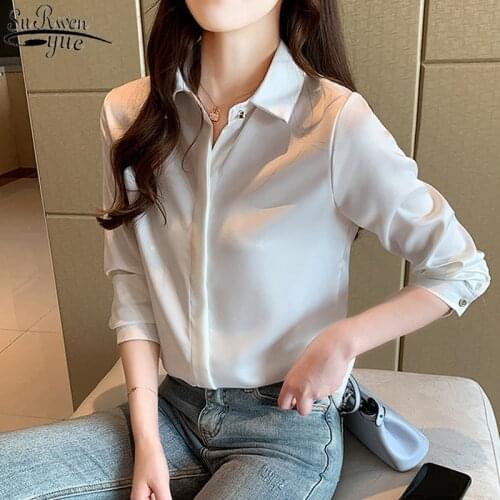 2021 Office Lady Turn Down Collar Solid Blouse Elegant Ladies Tops Blusas Women Autumn New Long-Sleeve Silk Womens Shirt 10618
