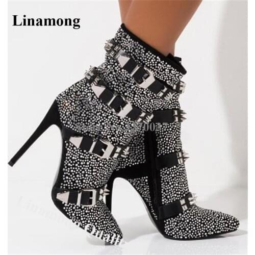 Linamong Pointed Toe Bling Bling Rhinestone Stiletto Heel Rivet Short Boots Straps Buckles Crystal Ankle Booties Club Dress Boot