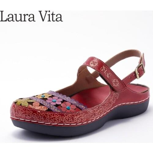 Laura Vita Retro Genuine Leather Sandals Woman Vintage Shoes With Velcro Adjustable Hook Loop Buckle Wedge Heel Beach Sandals