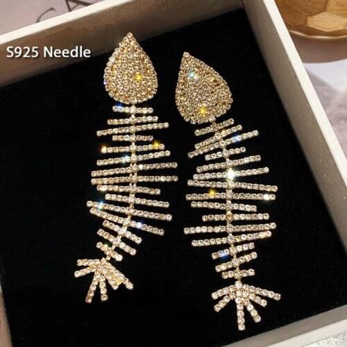 925 Sterling Silver Needle Long Dangle Earrings for Women Jewelry Gold Fish Bone Cubic Zircon Female Drop Tassel Earrings Bijoux