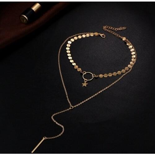 Chic Gold Silver Double layer Tassels Necklaces Women Round Star Geometry Long Chain Choker Cuboid Pendants Necklace Jewelry