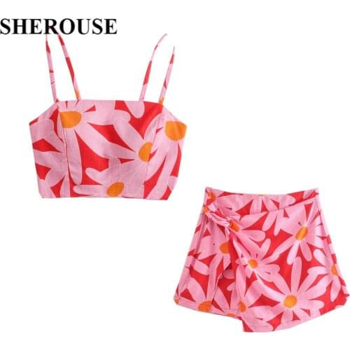 2021 Two Piece Set Fashion Women Floral Printed Crop Top High-Waist Shorts Skort Sweet Women Outfit Shorts Sets ensemble femme