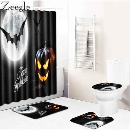 4pcs Halloween Bath Curtain Shower Curtain Absorbent Bathroom Rug Set Shower Mat Washable Toilet Rug Anti-slip Bath Mat Set